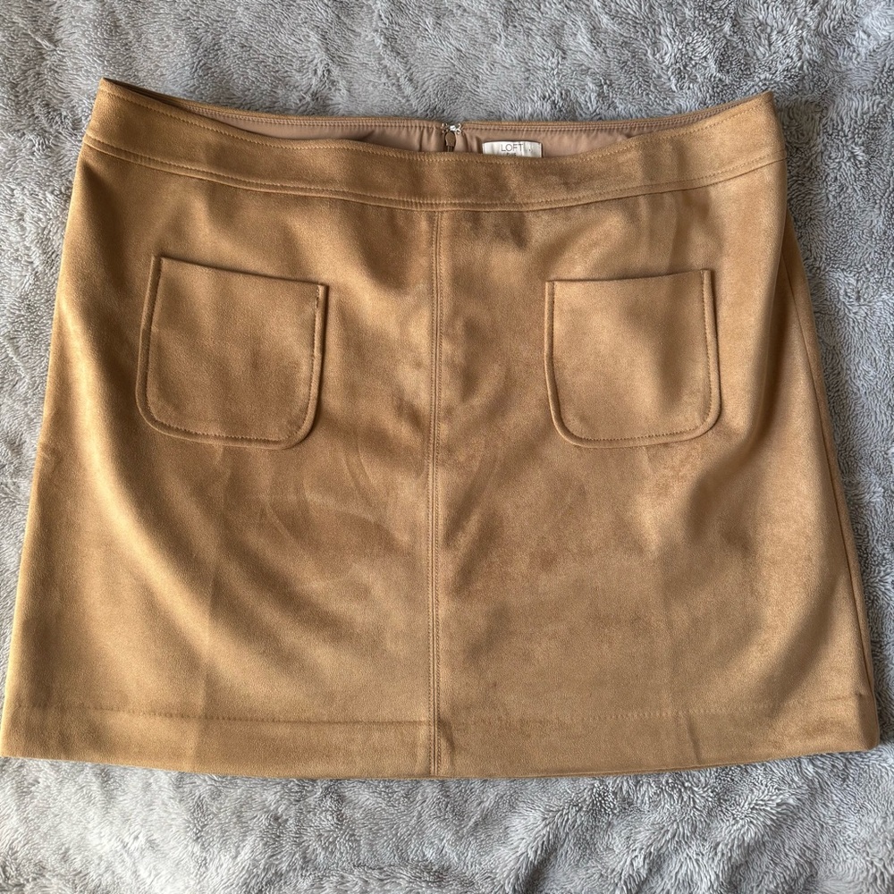 LOFT Plus Faux Suede Mini Skirt Tan‎ Camel A-Line Pockets Boho Fall Chic